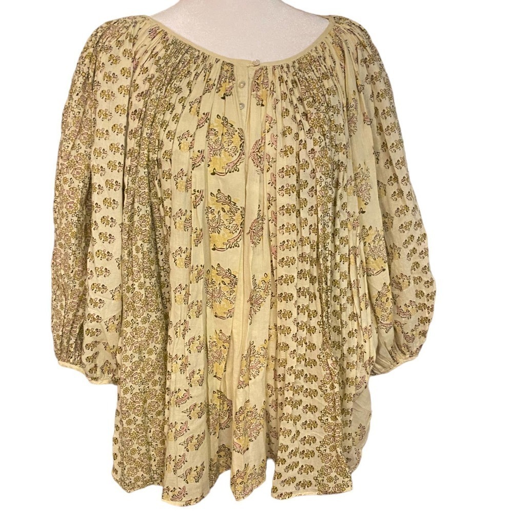 Calypso St. Barth Womens Cream Button Up Balloon Sleeve Floral Blouse Sz 1 XL